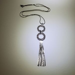 Silvertone Double Crystal Circle Pendant Tassel Necklace (NIB)